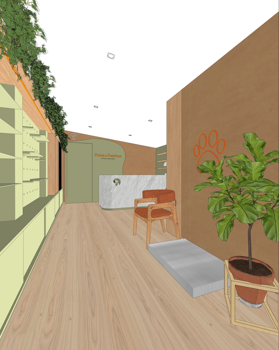 Antes: modelagem no SketchUp da recepção, com expositores verdes, balcão de mármore, cadeira e planta